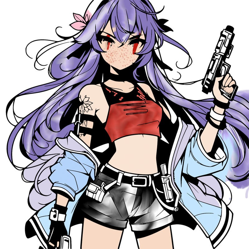 bad girl wearing crop top holding a gun long hair anime