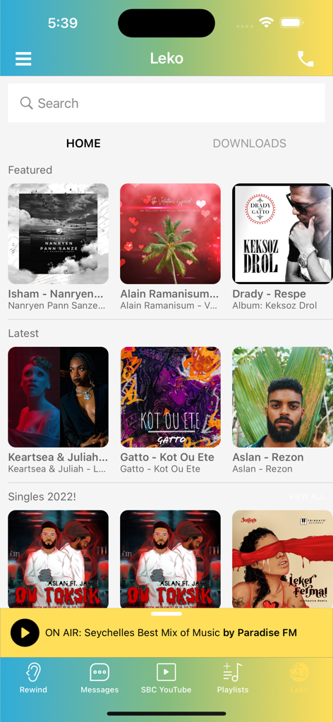 SBC Radio - The Leko screen in the SBC Radio app displaying a collection of featured and latest Seychellois music albums