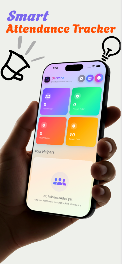 Servana app dashboard on an iPhone displaying attendance and daily cost tracking cards for household staff.