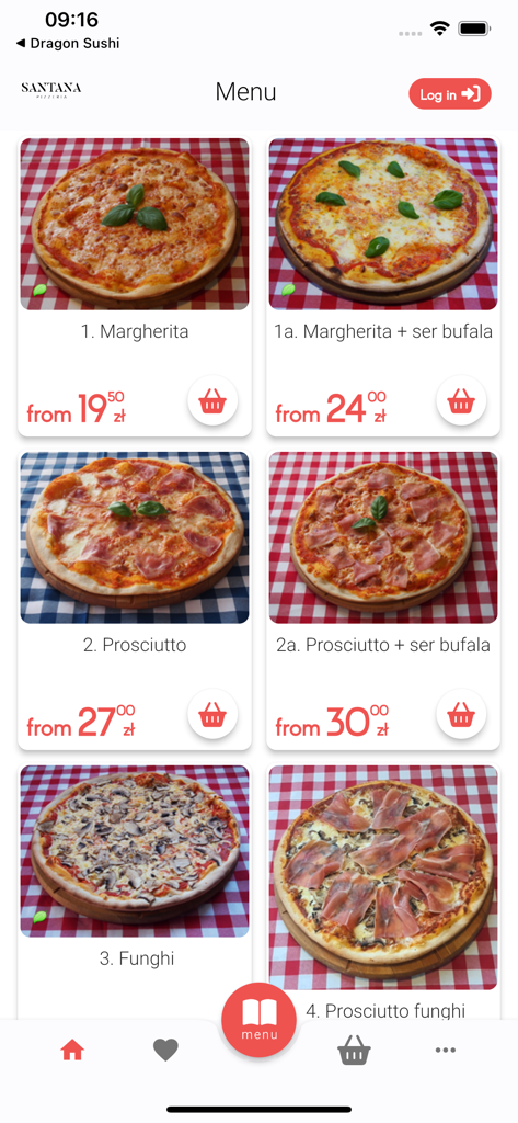 Santana Pizzeria - Schermata del menu dell'app Santana Pizzeria che mostra varie opzioni di pizza e prezzi.