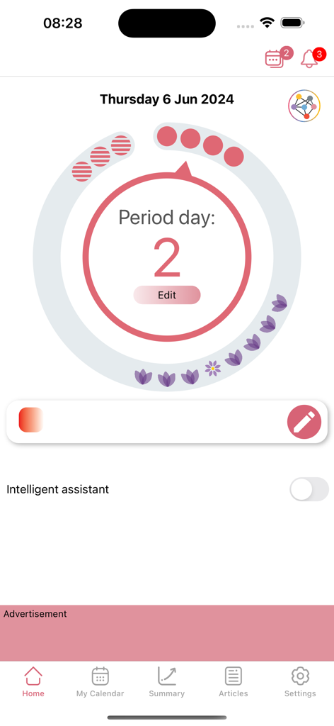 WomanLog app dashboard displaying the current period day and menstrual cycle progress