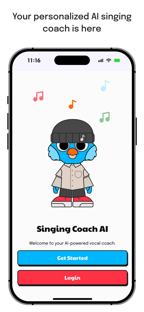 Singing Coach AI - Pantalla de bienvenida de la aplicación Singing Coach AI con una mascota de pájaro de dibujos animados y un botón para empezar