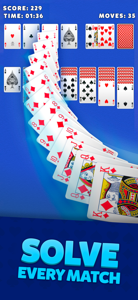 Solitaire Classic Klondike - Jugabilidad de Solitario Clásico Klondike mostrando una secuencia de cartas ganadora y el texto Resuelve Cada Partida.