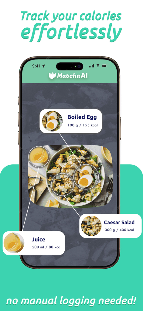 Matcha AI・Food Calorie Scanner - スマートフォンの画面。Matcha AIアプリが食事の写真から食品アイテムとカロリーを特定中