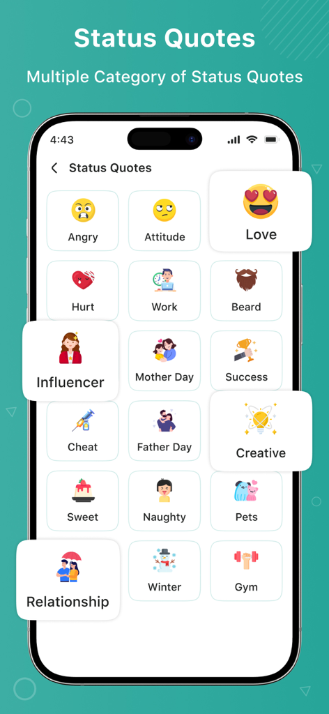 sélection de catégories de citations de statut WhatsApp dans l'application WAMR