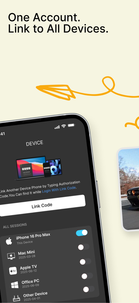 Heysocks VPN - Fast and stable - Interfaz de la aplicación Heysocks VPN mostrando múltiples dispositivos vinculados, incluidos iPhone, Mac Mini y Apple TV, bajo una sola cuenta.