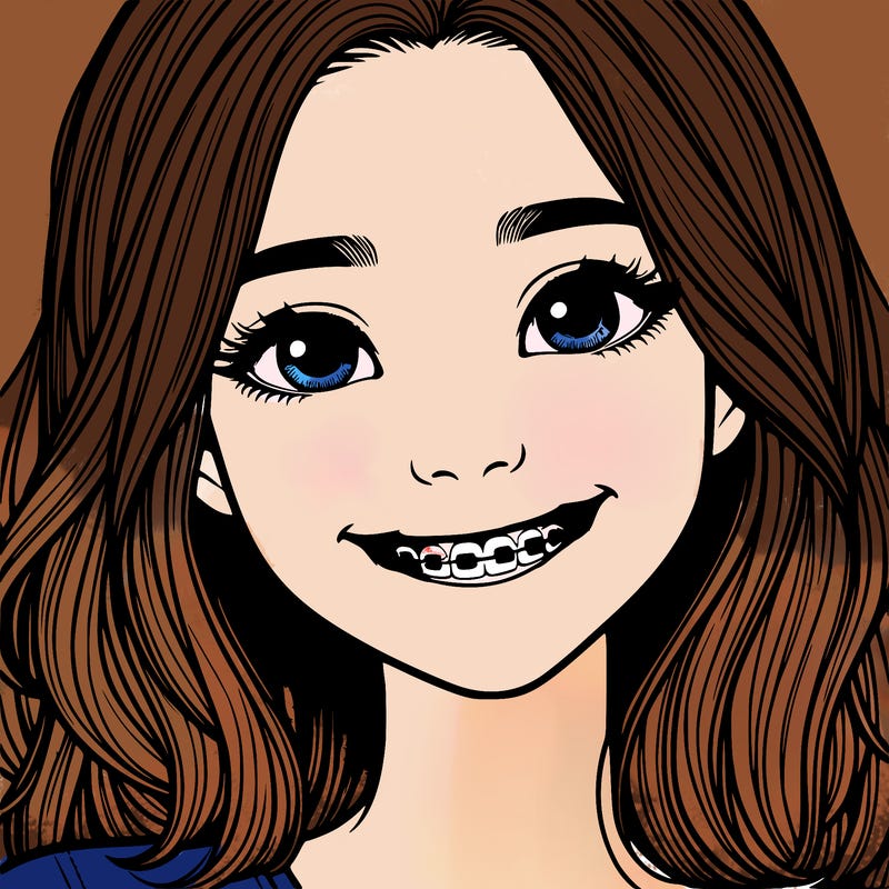 a girl with braces smiling with freckles realistic