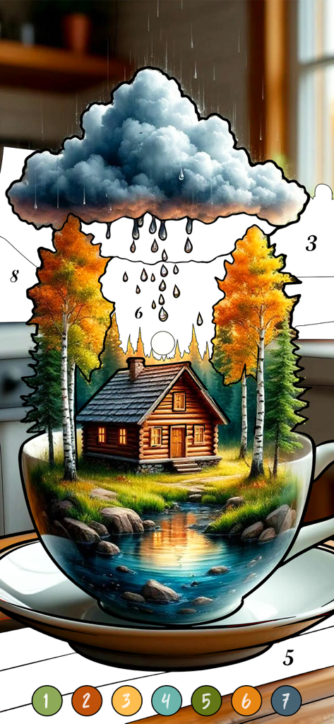 Mini World: Color by Number - Malen-nach-Zahlen-Oberfläche, die eine winzige Holzhütte und einen Herbstwald in einer Teetasse zeigt