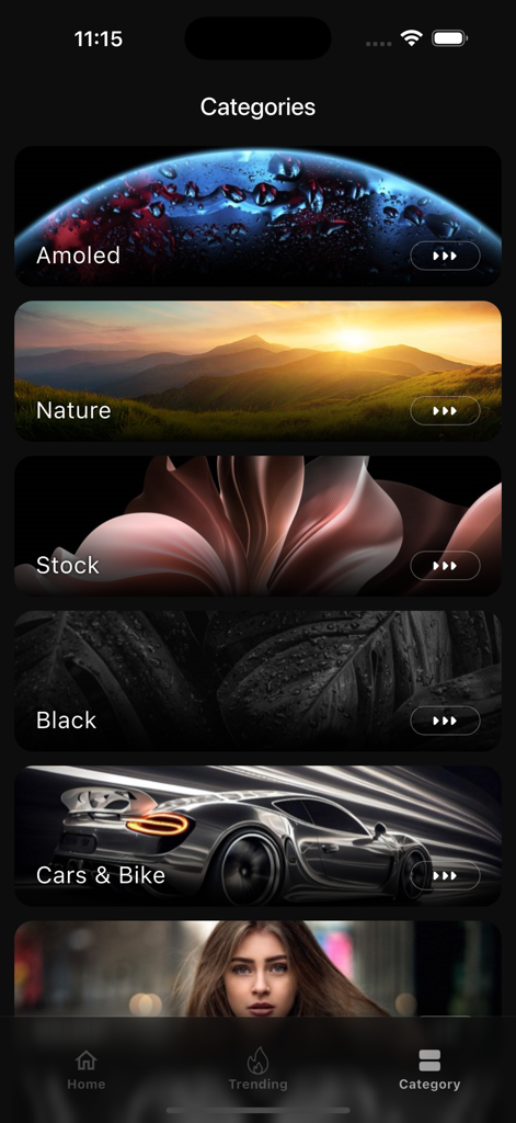 Wallhub Pro : FullHD Wallpaper - Screenshot of the Wallhub Pro app showing various wallpaper categories like Amoled Nature and Stock with high-definition preview images.