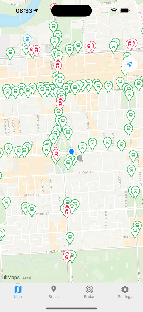 Adelaide Metro: Should I Run? - Adelaide Metro Should I Run app interface showing a map of Adelaide with bus train and tram stop icons