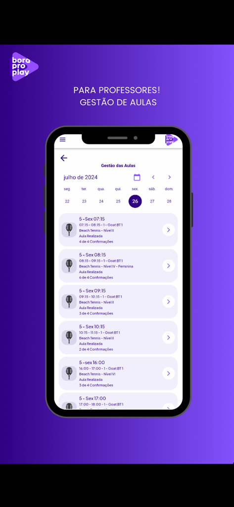 Bora Pro Play - Interface of the Bora Pro Play app showing a daily schedule for beach tennis coaches including class levels and student attendance tracking