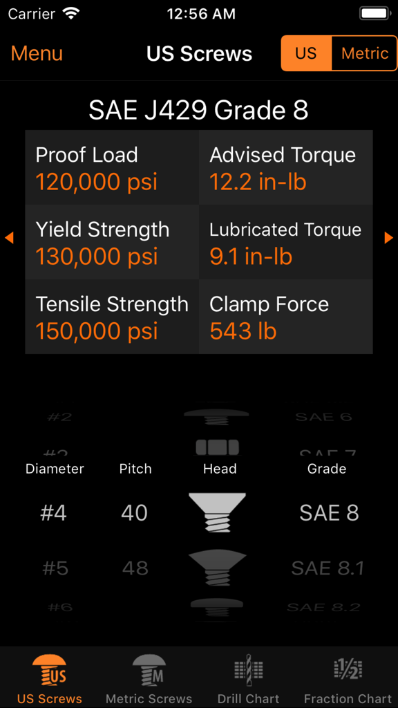 iEngineer - Technical specifications for SAE J429 Grade 8 US screws in the iEngineer mobile app displaying torque, strength, and clamp force.