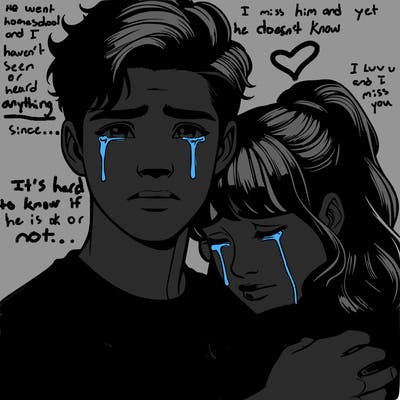 realistic teenage boy and girl hugging with tears in their eyes