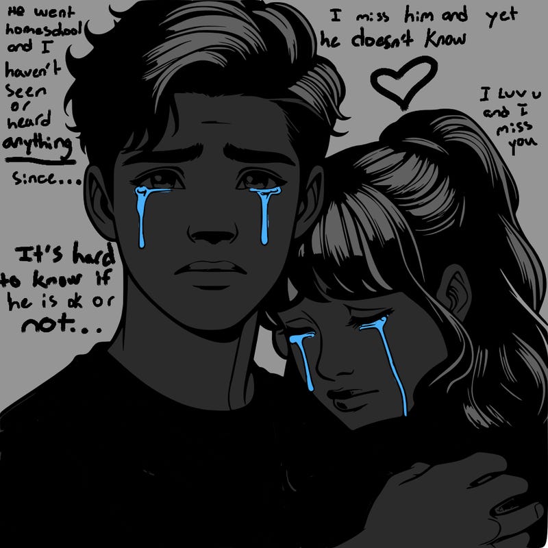 realistic teenage boy and girl hugging with tears in their eyes