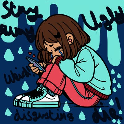 a girl cry ing siting in a corner holding her phone realistically
