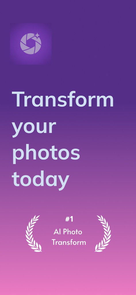 Fotoboom: AI Photo Transform - Fotoboom AI Photo Transform promotional screen with a purple gradient background and the text Transform your photos today