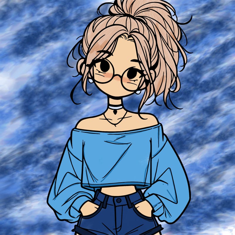 girl with a messy ponytail glasses a baggy crop top and jean shorts