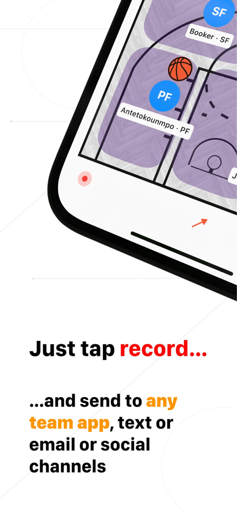 Basketball Coach: Elite Hoops - Screen showing the recording feature of the Elite Hoops basketball coaching app with player names on a digital whiteboard