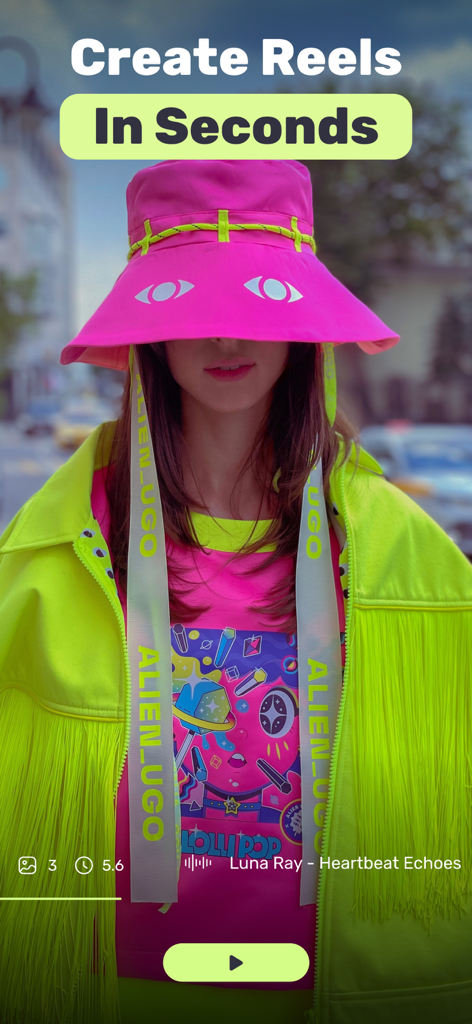 Reel Maker・AI Video Creator - Reel Maker app interface featuring a fashion video template and the text Create Reels In Seconds