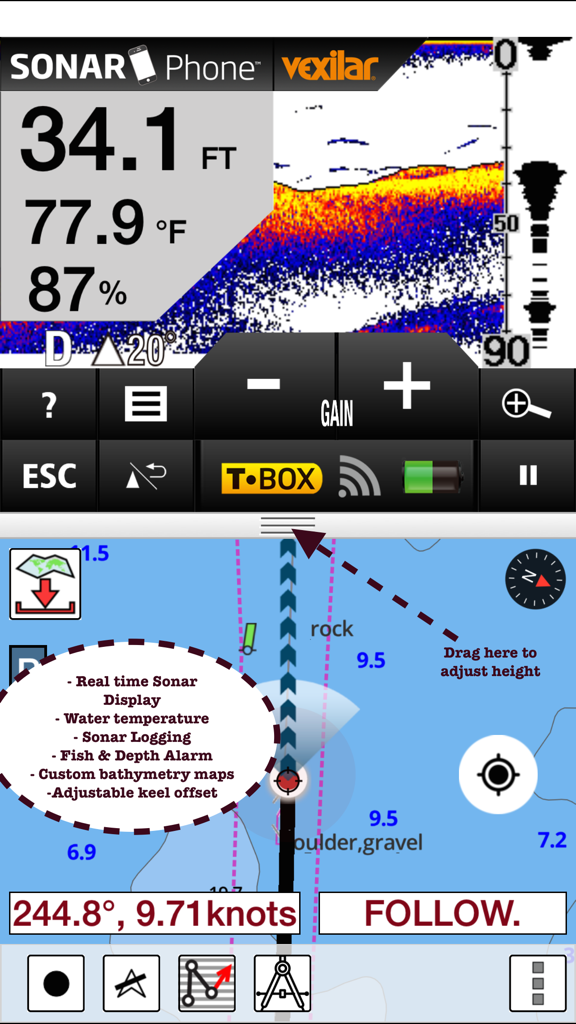 Split-screen interface of i-Boating app displaying real-time sonar readings and nautical navigation maps
