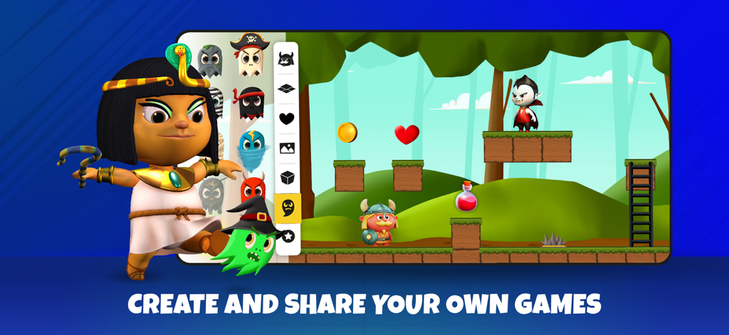 Interface of Code Teens app showing a level creator with characters like a vampire and viking for kids to build their own games