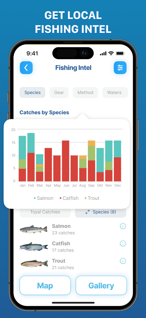 Fishing App : Fish Finder - Smartphone app screen showing seasonal fishing intelligence with a monthly catch chart for salmon catfish and trout