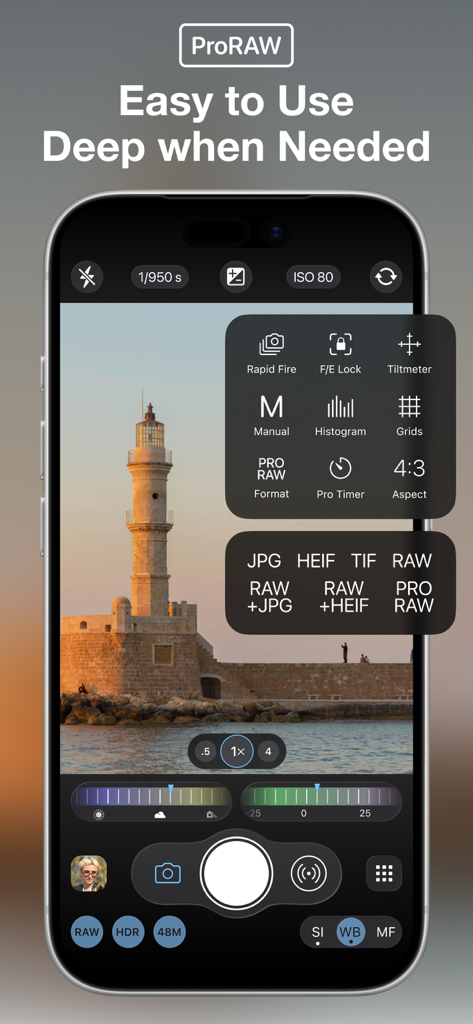 Interfaz de la aplicación ProCamera que muestra configuraciones manuales de foto y selección de formato ProRAW en una pantalla de iPhone.