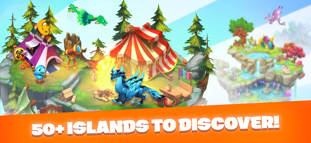 DragonVale - Breed Dragons - プロモーションバナー付きのDragonValeモバイルゲームの空に浮かぶ島にいるカラフルなドラゴン