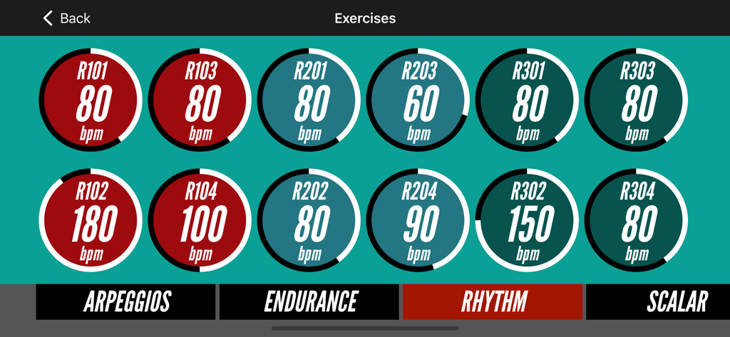 Bass Gym with MarloweDK - Interface of Bass Gym app showing a selection of rhythm exercises with different tempo markings