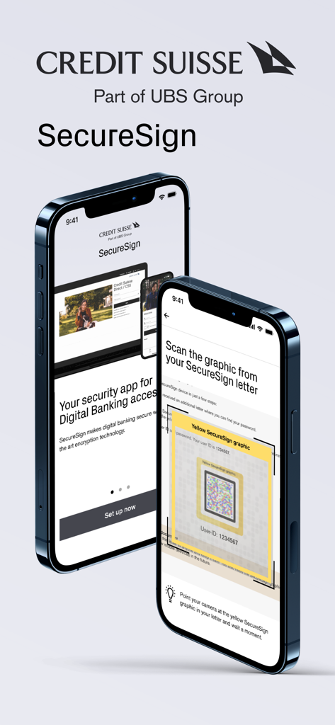 Application mobile SecureSign de Credit Suisse montrant la configuration de la sécurité bancaire numérique et le scan de graphiques