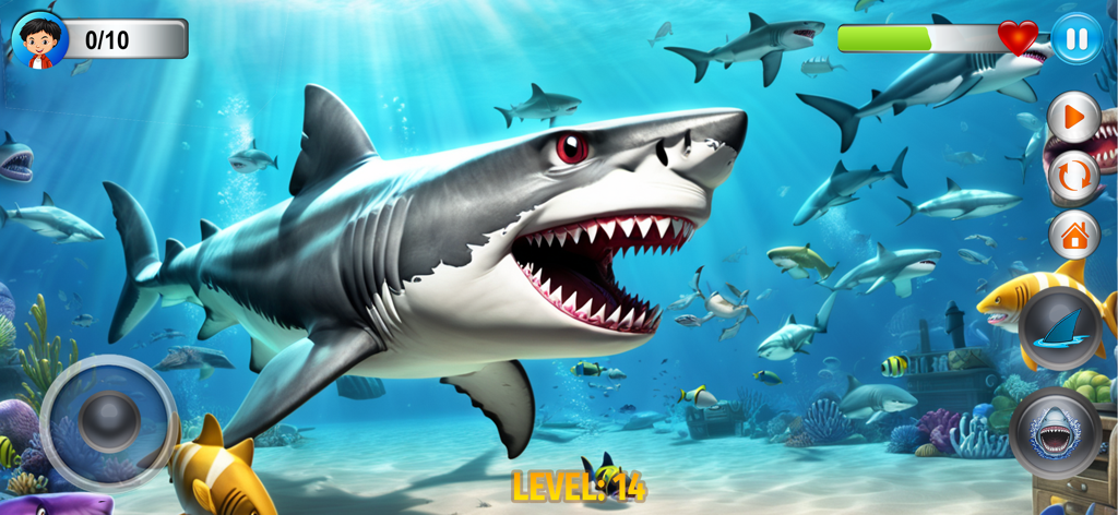Angry Shark Simulator Games 3d - 3D underwater gameplay of Angry Shark Simulator featuring a Great White Shark and various marine life