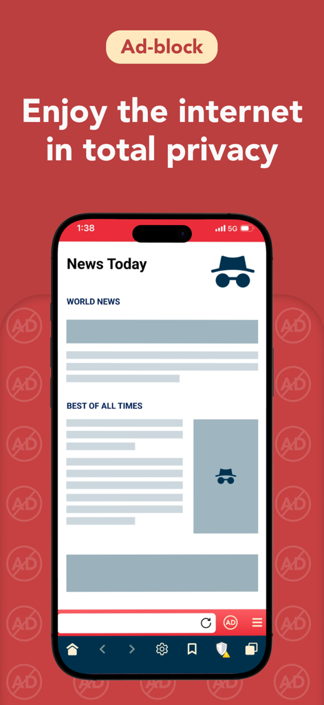 Swiss VPN Free : Fast & Secure - iPhone screen showing Swiss VPN's ad blocker feature and private browsing interface on a news website.