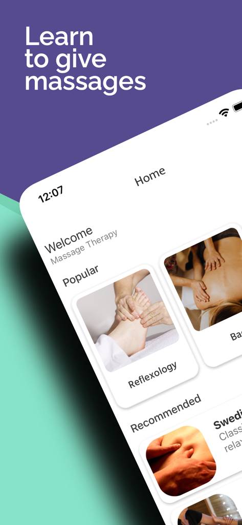 Massage: Lessons & Techniques - Pantalla de inicio de la aplicación Masaje: Lecciones y Técnicas mostrando tutoriales en video de reflexología y masaje sueco.
