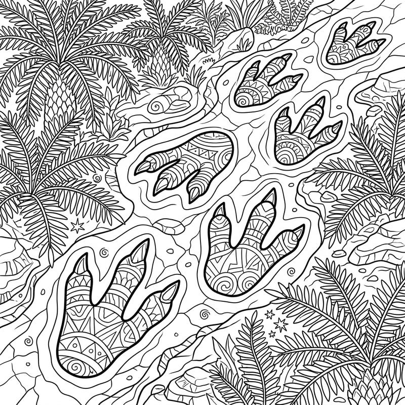 Embark on a creative journey through time with this T-Rex trackways coloring page, specially designed for seniors. Enjoy the detailed patterns within each dinosaur footprint, offering both relaxation and cognitive engagement.