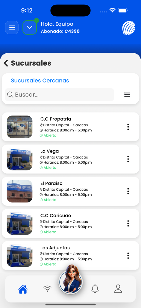 Pantalla de la aplicación Fibex Oficina Movil mostrando una lista de sucursales físicas en Caracas con horarios de apertura y direcciones
