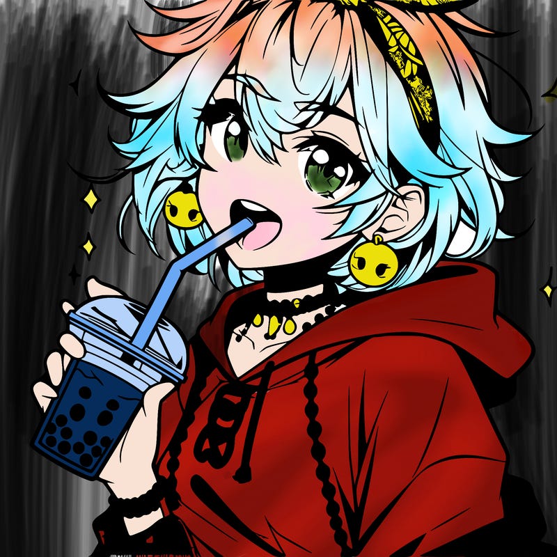 hot baddie anime girl drinking boba and biting the straw