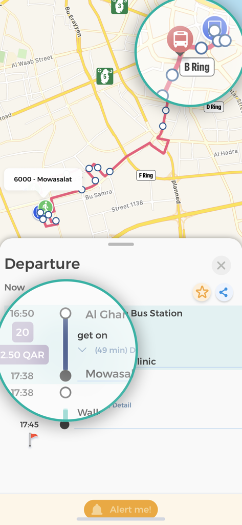 Mobile app screen showing a bus route map and departure itinerary details for the Karwa transit system in Qatar.
