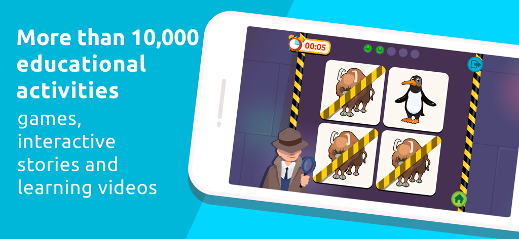 Smile and Learn - Smartphone screen showing a children's educational logic game featuring a detective and animal cards.