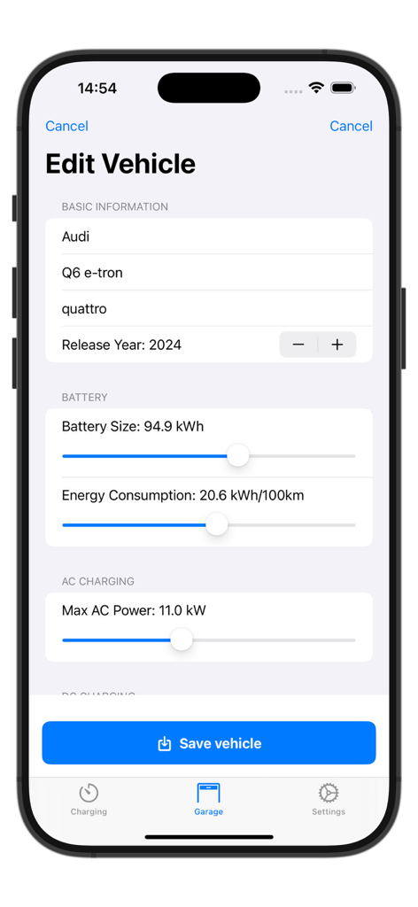 Kilowatt – Electric Car Timer - Kilowatt app interface for editing electric vehicle battery and charging specifications.