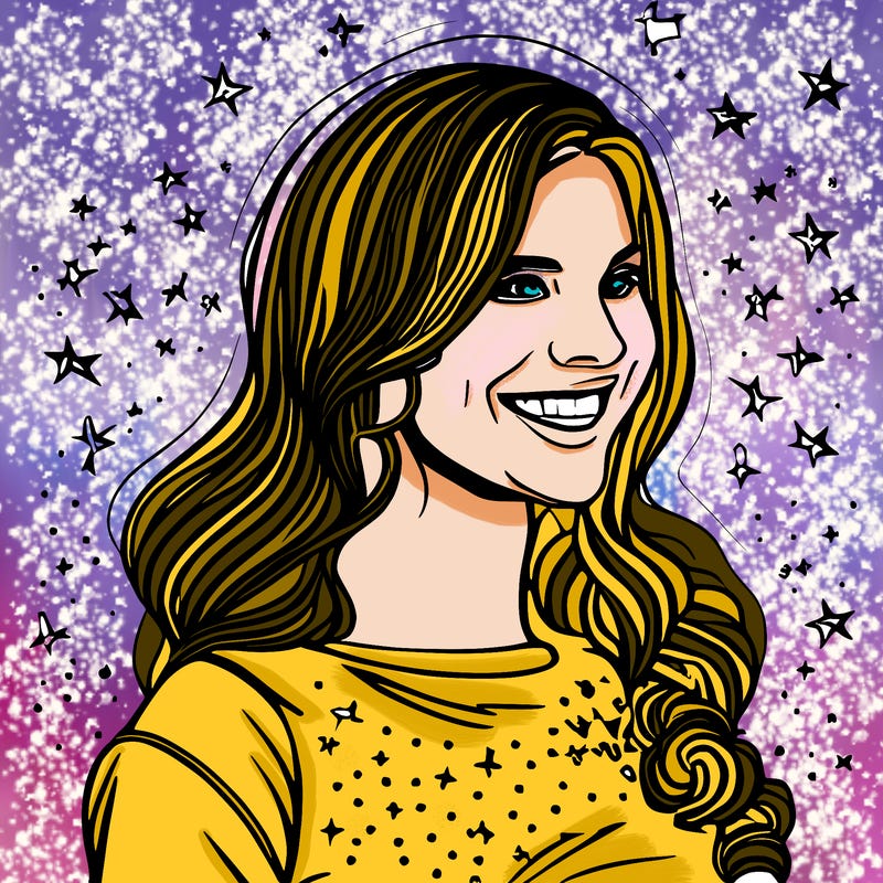 pretty woman smiling with a galaxy backround