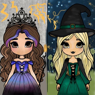 two realistic girls one princess one witch