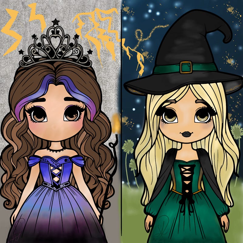 two realistic girls one princess one witch