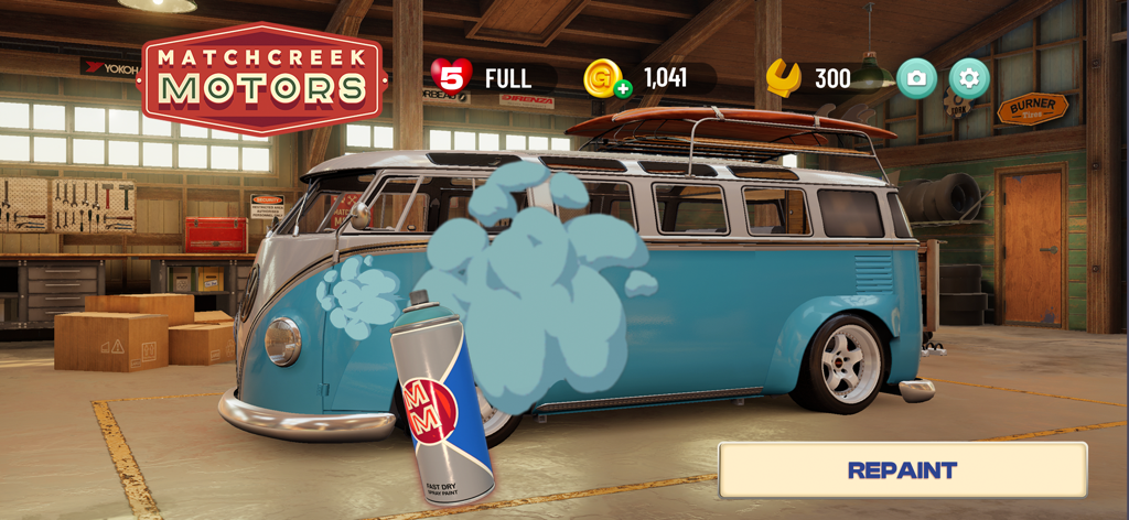 Matchcreek Motors: Custom Cars - A blue classic Volkswagen van being repainted in a garage in Matchcreek Motors