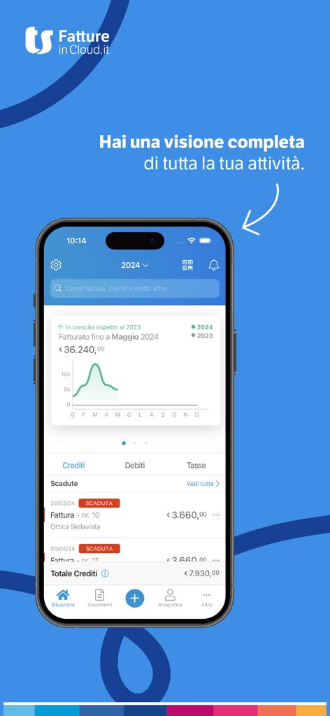 Fatture in Cloud app interface displaying a business overview dashboard with revenue charts and invoice status