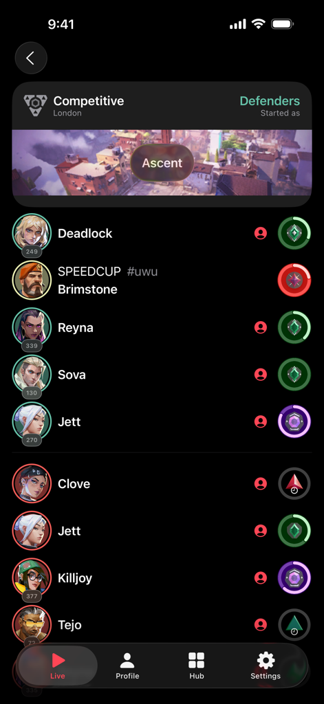 VALPAW - A live Valorant match scoreboard on the Ascent map within the VALPAW companion app