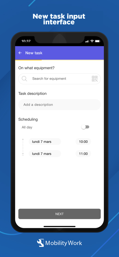 Mobility Work - Interface de l'application mobile Mobility Work pour la création d'une nouvelle tâche de maintenance, montrant les champs de recherche d'équipement et de planification.