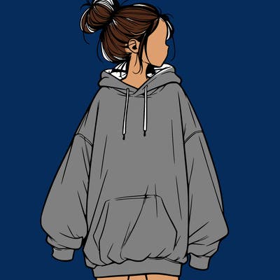 realistic girl with a oversized sweatshirt on and a bun