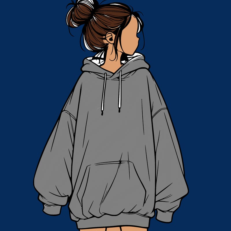 realistic girl with a oversized sweatshirt on and a bun