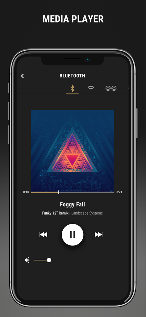 Marshall Voice - Pantalla del reproductor multimedia de la aplicación Marshall Voice que muestra la reproducción de música por Bluetooth con carátula del álbum y controles de reproducción en un iPhone