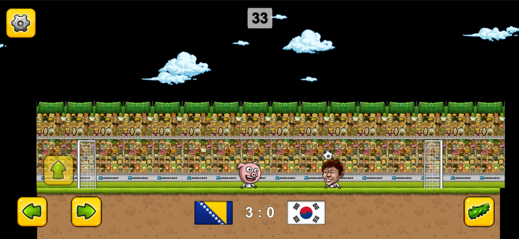 Un partido de fútbol 2D en Head Soccer 2D con personajes peculiares y controles simples en pantalla.